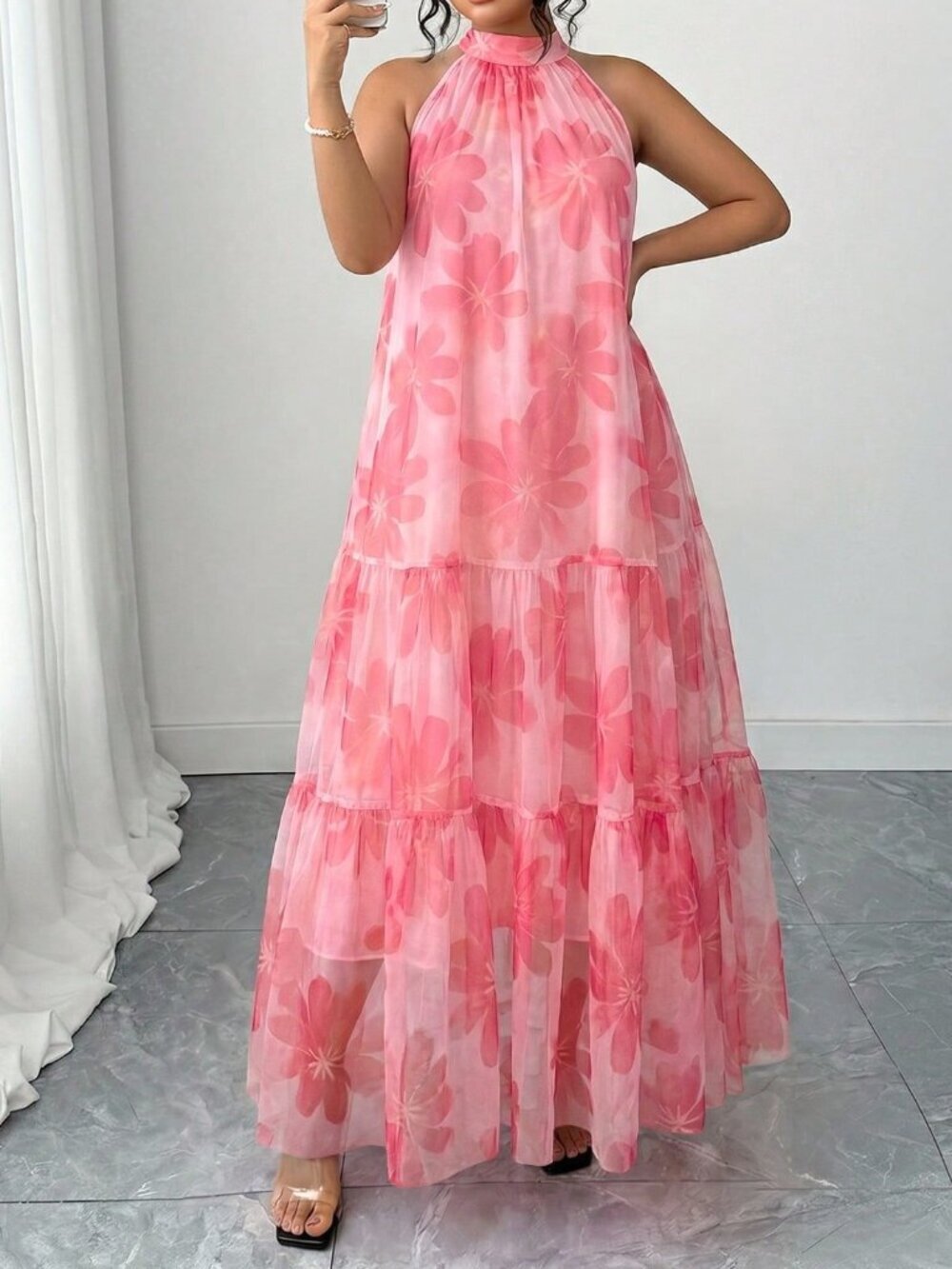 Pink Casual Women's Plus Size Elegant Woven Sleeveless Floral Dress